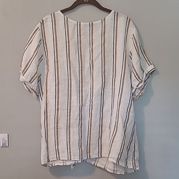 Angela Mara Linen White Tan Blue Striped Pull-on Wide Pants Popover Top Tie Sz L - Picture 5 of 16